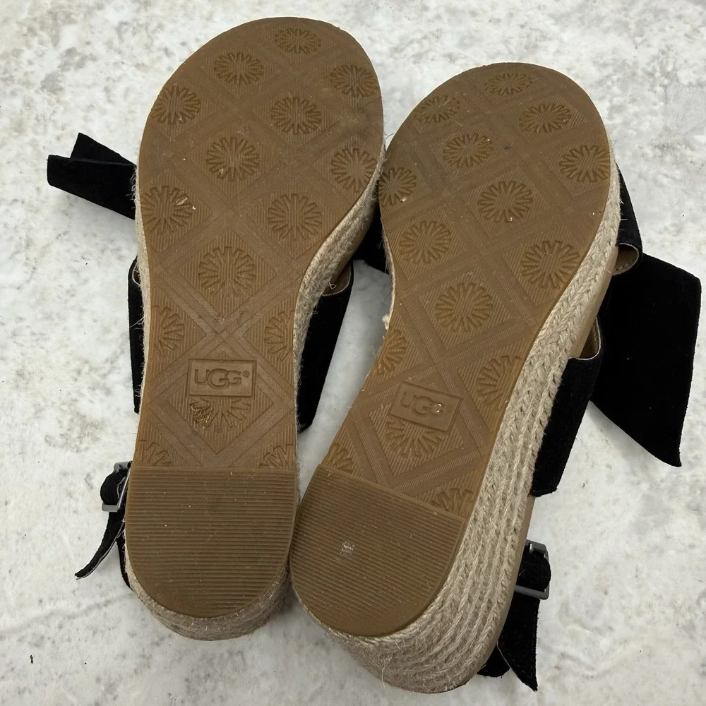 UGG Camilla Women's Size 7 Black Suede Bow Espadrille Wedge Sandals Slingback